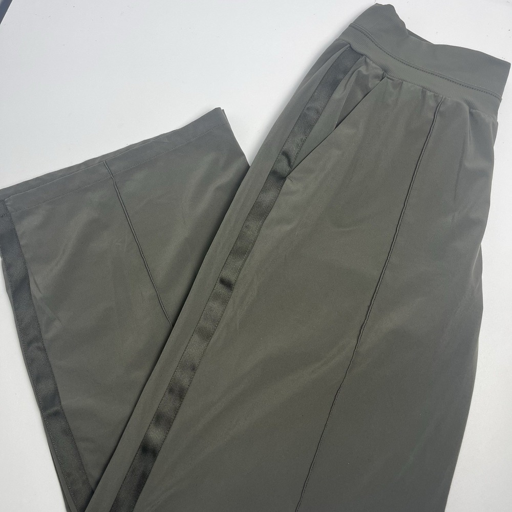 Athleta Nolita 14 Wide Leg Pants Olive Green Tuxedo Stripe Pull On Athleisure